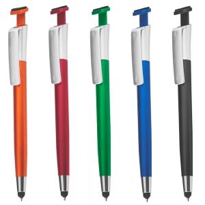 Caneta plastica com ponta touch, suporte para celular e limpa tela.