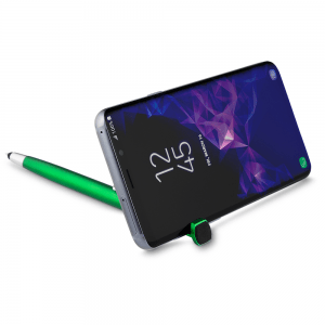 Caneta plastica com ponta touch, suporte para celular e limpa tela.